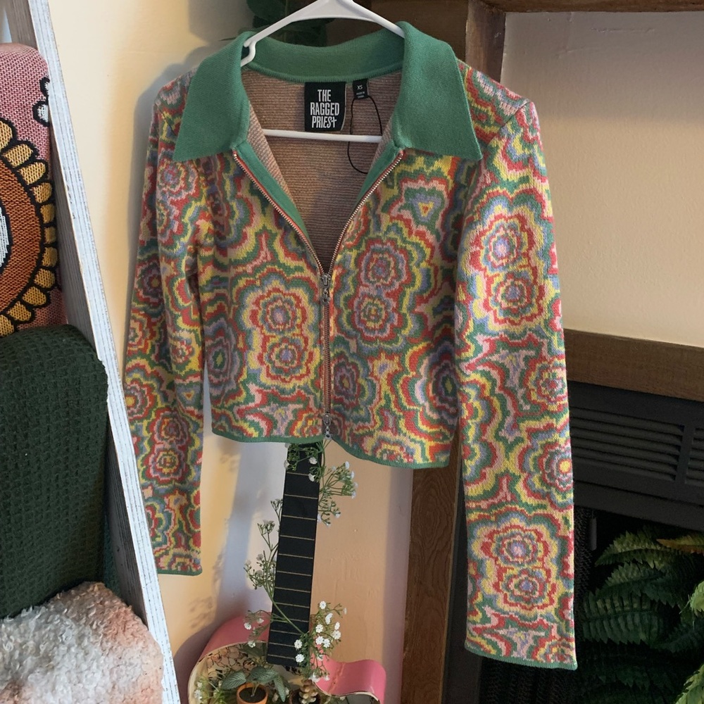 RAGGED PRIEST 70s HALLUCINATION zip cardigan top with polo collar - Picture 5 of 6